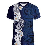 Blue Samoa Tattoo Women V-Neck T-Shirt Plumeria Samoan Ocean Tatau Pattern LT14 Female Blue - Polynesian Pride