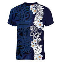 Blue Samoa Tattoo Women V-Neck T-Shirt Plumeria Samoan Ocean Tatau Pattern LT14 - Polynesian Pride