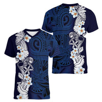 Blue Samoa Tattoo Women V-Neck T-Shirt Plumeria Samoan Ocean Tatau Pattern LT14 - Polynesian Pride