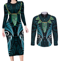 Aotearoa Pounamu Niho Couples Matching Long Sleeve Bodycon Dress and Long Sleeve Button Shirt Silver Fern Mix Maori Pattern - Turquoise LT14 Turquoise - Polynesian Pride