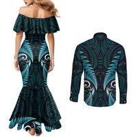 Aotearoa Pounamu Niho Couples Matching Mermaid Dress and Long Sleeve Button Shirt Silver Fern Mix Maori Pattern - Turquoise LT14 - Polynesian Pride