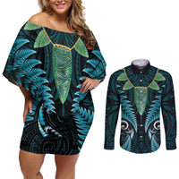 Aotearoa Pounamu Niho Couples Matching Off Shoulder Short Dress and Long Sleeve Button Shirt Silver Fern Mix Maori Pattern - Turquoise LT14 Turquoise - Polynesian Pride