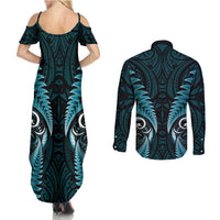 Aotearoa Pounamu Niho Couples Matching Summer Maxi Dress and Long Sleeve Button Shirt Silver Fern Mix Maori Pattern - Turquoise LT14 - Polynesian Pride