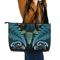 Aotearoa Pounamu Niho Leather Tote Bag Silver Fern Mix Maori Pattern - Turquoise LT14 - Polynesian Pride