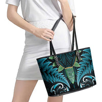 Aotearoa Pounamu Niho Leather Tote Bag Silver Fern Mix Maori Pattern - Turquoise LT14 - Polynesian Pride