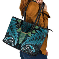 Aotearoa Pounamu Niho Leather Tote Bag Silver Fern Mix Maori Pattern - Turquoise LT14 - Polynesian Pride