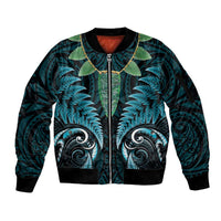 Aotearoa Pounamu Niho Sleeve Zip Bomber Jacket Silver Fern Mix Maori Pattern - Turquoise LT14 Unisex Turquoise - Polynesian Pride