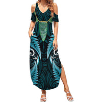 Aotearoa Pounamu Niho Summer Maxi Dress Silver Fern Mix Maori Pattern - Turquoise LT14 Women Turquoise - Polynesian Pride