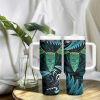 Aotearoa Pounamu Niho Tumbler With Handle Silver Fern Mix Maori Pattern - Turquoise LT14 - Polynesian Pride