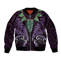 Aotearoa Pounamu Niho Bomber Jacket Silver Fern Mix Maori Pattern - Purple LT14 Unisex Purple - Polynesian Pride