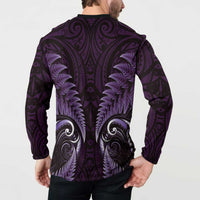 Aotearoa Pounamu Niho Button Sweatshirt Silver Fern Mix Maori Pattern - Purple LT14 - Polynesian Pride