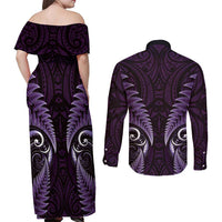 Aotearoa Pounamu Niho Couples Matching Off Shoulder Maxi Dress and Long Sleeve Button Shirt Silver Fern Mix Maori Pattern - Purple LT14 - Polynesian Pride