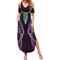 Aotearoa Pounamu Niho Summer Maxi Dress Silver Fern Mix Maori Pattern - Purple LT14 Women Purple - Polynesian Pride