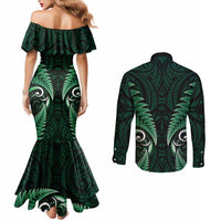 Aotearoa Pounamu Niho Couples Matching Mermaid Dress and Long Sleeve Button Shirt Silver Fern Mix Maori Pattern - Green LT14 - Polynesian Pride