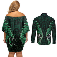 Aotearoa Pounamu Niho Couples Matching Off Shoulder Short Dress and Long Sleeve Button Shirt Silver Fern Mix Maori Pattern - Green LT14 - Polynesian Pride