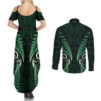 Aotearoa Pounamu Niho Couples Matching Summer Maxi Dress and Long Sleeve Button Shirt Silver Fern Mix Maori Pattern - Green LT14 - Polynesian Pride