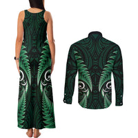 Aotearoa Pounamu Niho Couples Matching Tank Maxi Dress and Long Sleeve Button Shirt Silver Fern Mix Maori Pattern - Green LT14 - Polynesian Pride