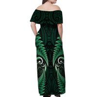 Aotearoa Pounamu Niho Off Shoulder Maxi Dress Silver Fern Mix Maori Pattern - Green LT14 - Polynesian Pride