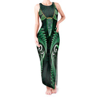 Aotearoa Pounamu Niho Tank Maxi Dress Silver Fern Mix Maori Pattern - Green LT14 Women Green - Polynesian Pride