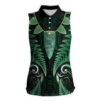 Aotearoa Pounamu Niho Women Sleeveless Polo Shirt Silver Fern Mix Maori Pattern - Green LT14 Female Green - Polynesian Pride