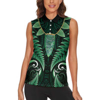 Aotearoa Pounamu Niho Women Sleeveless Polo Shirt Silver Fern Mix Maori Pattern - Green LT14 - Polynesian Pride