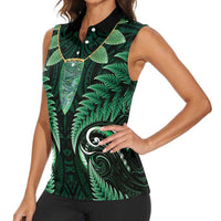 Aotearoa Pounamu Niho Women Sleeveless Polo Shirt Silver Fern Mix Maori Pattern - Green LT14 - Polynesian Pride