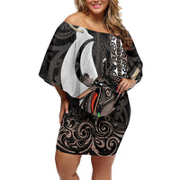 Aotearoa Hei Matau Off Shoulder Short Dress Haka Kiwi Mix Maori Mangopare LT14 Women Black - Polynesian Pride