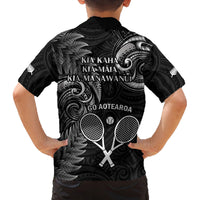 New Zealand Tiki Tennis Family Matching Off Shoulder Maxi Dress and Hawaiian Shirt 2024 Aotearoa Tenehi Maori Silver Fern - Black LT14 - Polynesian Pride