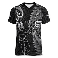 Custom New Zealand Tiki Tennis Women V Neck T Shirt 2024 Aotearoa Tenehi Maori Silver Fern - Black LT14 Female Black - Polynesian Pride