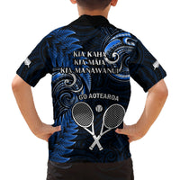 New Zealand Tiki Tennis Family Matching Long Sleeve Bodycon Dress and Hawaiian Shirt 2024 Aotearoa Tenehi Maori Silver Fern - Blue LT14 - Polynesian Pride