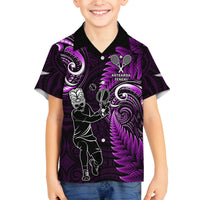 New Zealand Tiki Tennis Family Matching Off Shoulder Maxi Dress and Hawaiian Shirt 2024 Aotearoa Tenehi Maori Silver Fern - Purple LT14 Son's Shirt Purple - Polynesian Pride