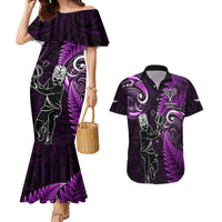 Custom New Zealand Tiki Tennis Couples Matching Mermaid Dress and Hawaiian Shirt 2024 Aotearoa Tenehi Maori Silver Fern - Purple LT14 Purple - Polynesian Pride