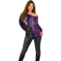 Custom New Zealand Tiki Tennis Off Shoulder Sweater 2024 Aotearoa Tenehi Maori Silver Fern - Purple LT14 - Polynesian Pride