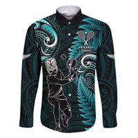 Custom New Zealand Tiki Tennis Family Matching Off Shoulder Long Sleeve Dress and Hawaiian Shirt 2024 Aotearoa Tenehi Maori Silver Fern - Turquoise LT14 Dad's Shirt - Long Sleeve Turquoise - Polynesian Pride