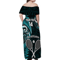 Custom New Zealand Tiki Tennis Family Matching Off Shoulder Maxi Dress and Hawaiian Shirt 2024 Aotearoa Tenehi Maori Silver Fern - Turquoise LT14 - Polynesian Pride