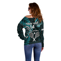 Custom New Zealand Tiki Tennis Off Shoulder Sweater 2024 Aotearoa Tenehi Maori Silver Fern - Turquoise LT14 - Polynesian Pride