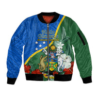 Personalised Halo Olaketa Solomon Islands Sleeve Zip Bomber Jacket Coat Of Arms With Tropical Flowers Flag Style LT14 Unisex Green - Polynesian Pride