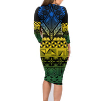Halo Olaketa Solomon Islands Family Matching Long Sleeve Bodycon Dress and Hawaiian Shirt Melanesian Tribal Pattern Gradient Version LT14 - Polynesian Pride