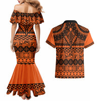 Halo Olaketa Solomon Islands Couples Matching Mermaid Dress and Hawaiian Shirt Melanesian Tribal Pattern Orange Version LT14 - Polynesian Pride