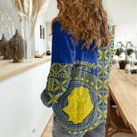 Fakaalofa Lahi Atu Niue Women Casual Shirt Niuean Map With Hiapo Pattern Blue Version LT14 - Polynesian Pride