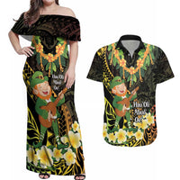 Hawaii Saint Patrick's Day Couples Matching Off Shoulder Maxi Dress and Hawaiian Shirt Ukulele Leprechaun Hau'Oli Maoli Oe!