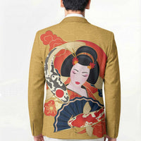 Japanese Geisha Koi Fish Blazer Cherry Blossoms Yellow Seigaiha Pattern LT14 - Polynesian Pride
