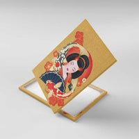 Japanese Geisha Koi Fish Canvas Wall Art Cherry Blossoms Yellow Seigaiha Pattern LT14 With Frame Yellow - Polynesian Pride