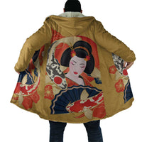 Japanese Geisha Koi Fish Cloak Cherry Blossoms Yellow Seigaiha Pattern LT14 - Polynesian Pride