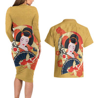 Japanese Geisha Koi Fish Couples Matching Long Sleeve Bodycon Dress and Hawaiian Shirt Cherry Blossoms Yellow Seigaiha Pattern - Polynesian Pride
