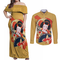 Japanese Geisha Koi Fish Couples Matching Off Shoulder Maxi Dress and Long Sleeve Button Shirt Cherry Blossoms Yellow Seigaiha Pattern LT14 Yellow - Polynesian Pride