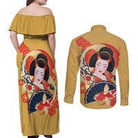 Japanese Geisha Koi Fish Couples Matching Off Shoulder Maxi Dress and Long Sleeve Button Shirt Cherry Blossoms Yellow Seigaiha Pattern LT14 - Polynesian Pride