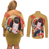 Japanese Geisha Koi Fish Couples Matching Off Shoulder Short Dress and Long Sleeve Button Shirt Cherry Blossoms Yellow Seigaiha Pattern LT14 - Polynesian Pride