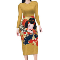 Japanese Geisha Koi Fish Family Matching Long Sleeve Bodycon Dress and Hawaiian Shirt Cherry Blossoms Yellow Seigaiha Pattern - Polynesian Pride