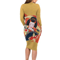 Japanese Geisha Koi Fish Family Matching Long Sleeve Bodycon Dress and Hawaiian Shirt Cherry Blossoms Yellow Seigaiha Pattern - Polynesian Pride